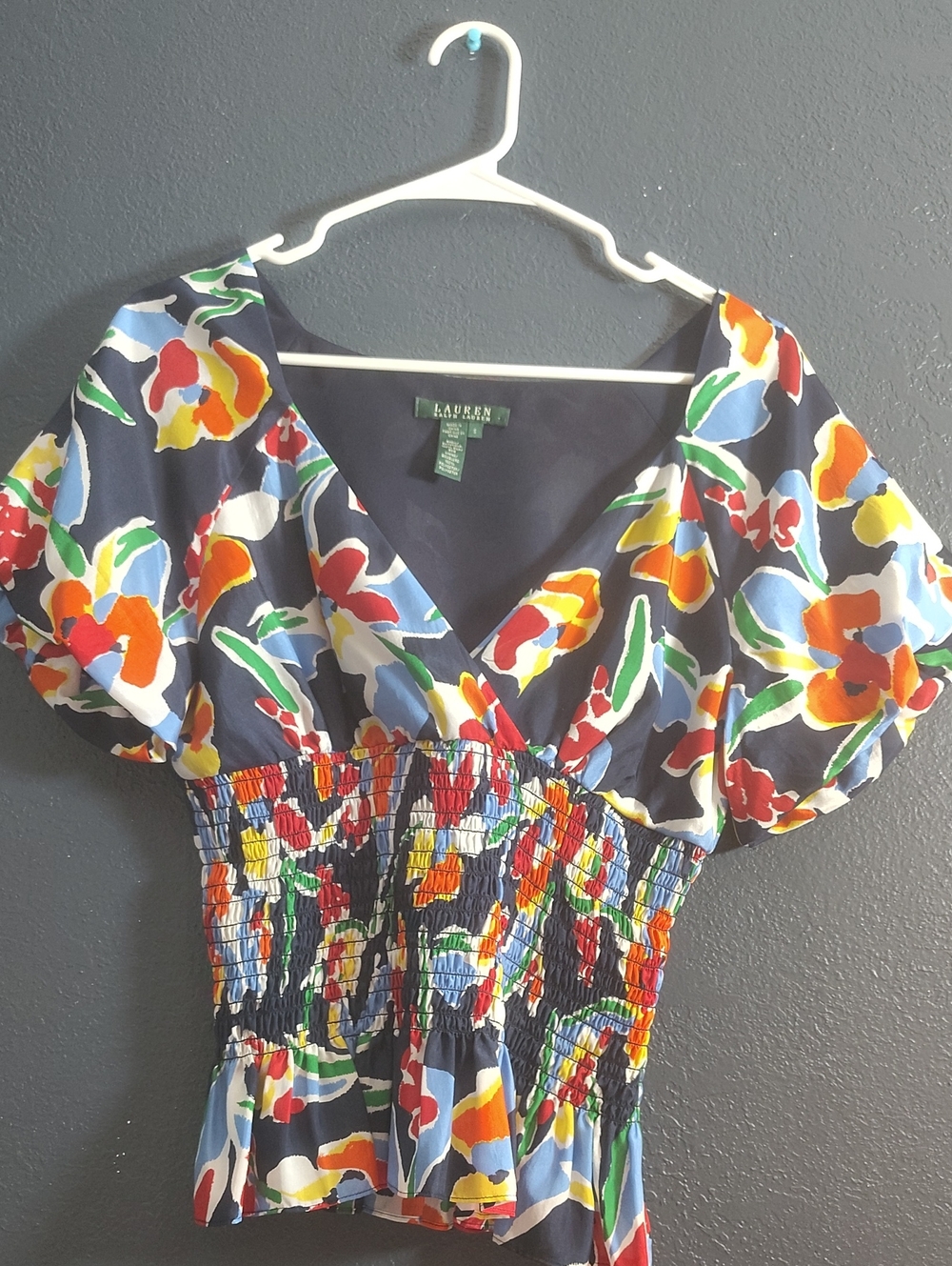 Ralph Lauren Navy Multicolor Floral V-Neck Silk Smocked Top